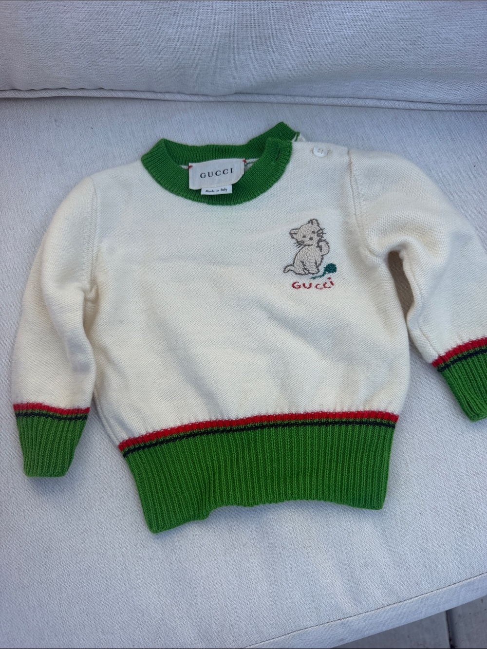Gucci Cream Wool Crewneck Sweater with Green Trim and Red Accents